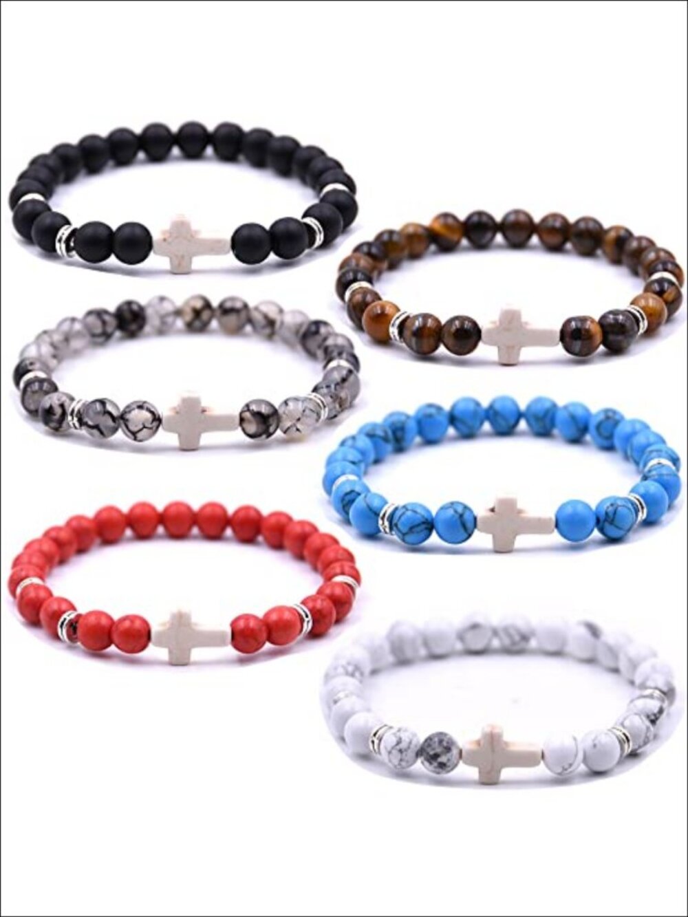 Handmade Cross Bracelet Set 6 Pcs 8mm Natural Stone Beaded Stretch